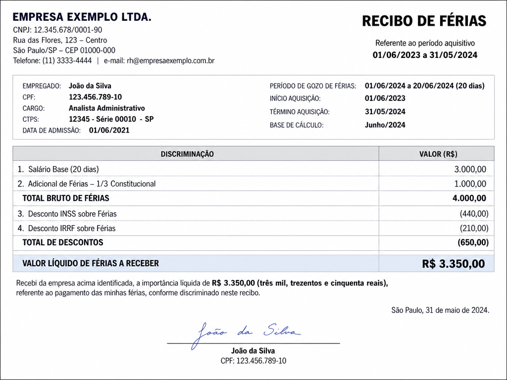 Exemplo de Férias + 1/3